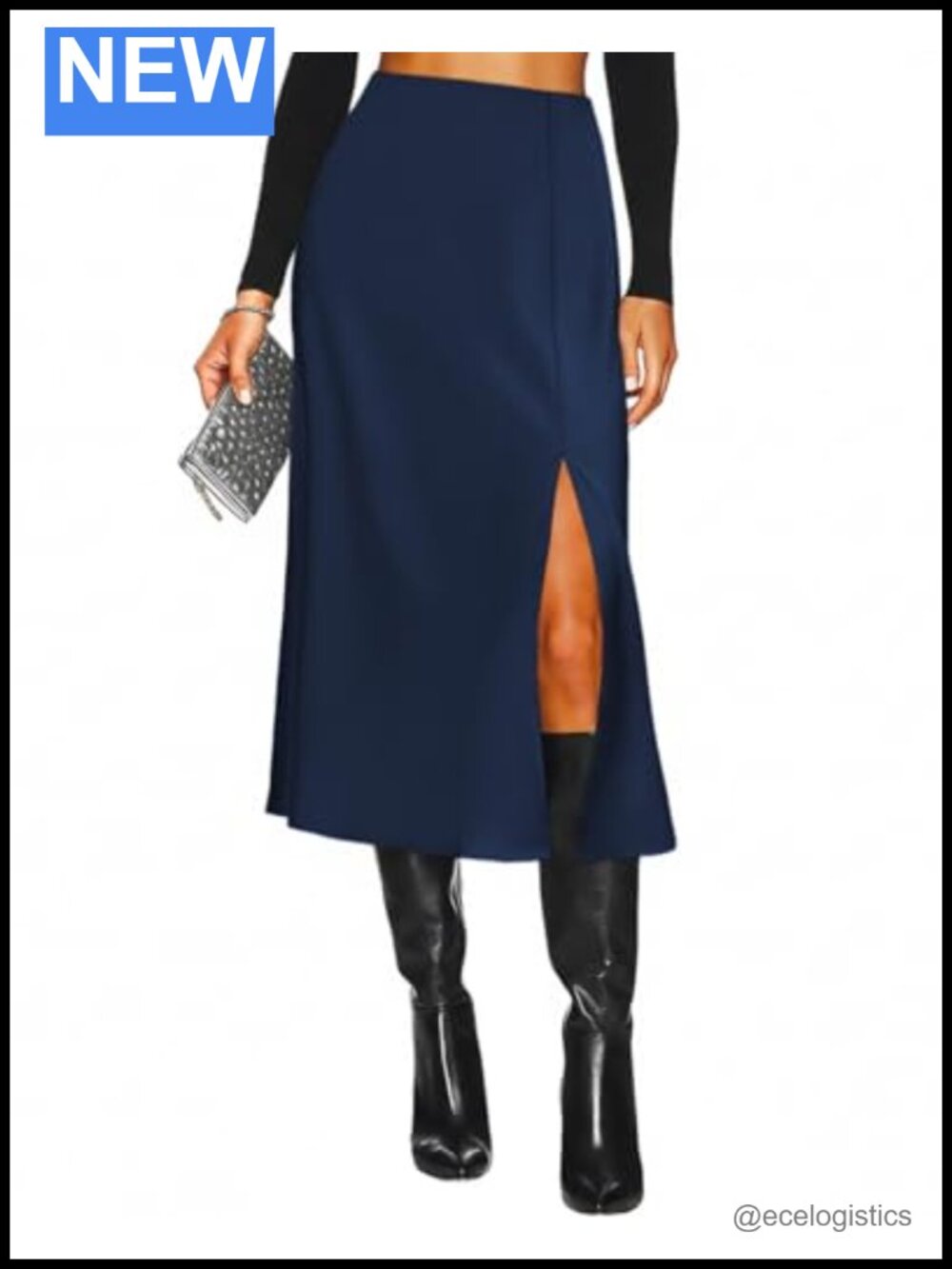 Satin Slit Midi Skirt High Waisted A-Line Pull On Lightweight